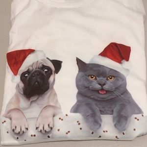 Cat & Pug Christmas T-shirt, Large
